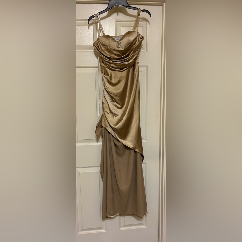 Club L London Champagne Pleated Split Maxi Dress